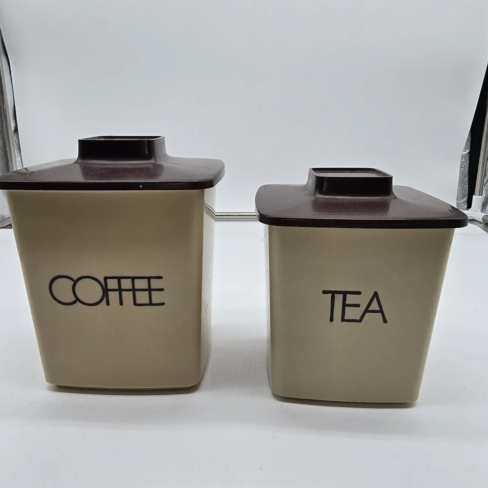 Vintage 70s 2 Piece Plastic Tan Brown‎ Canister Coffee Tea Only Kitchen Decor